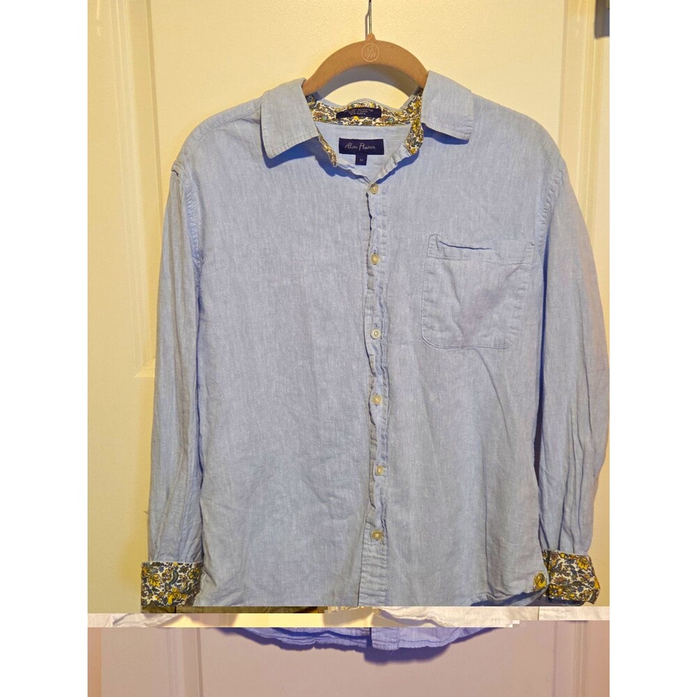 Alan Flusser Linen/Cotton Shirt Size M Blue Decorative Collar Long Sleeve Button
